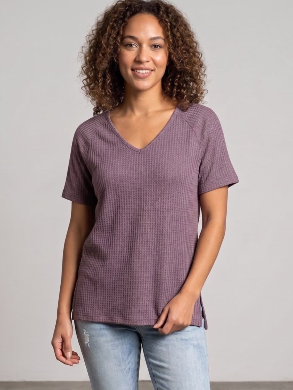 NWT | Dalyvlus Heathered Mauve Waffle Knit V Neck Raglan Sleeve Top | Large